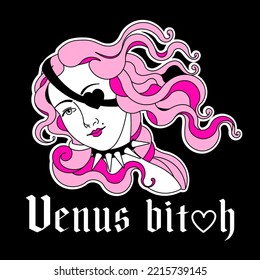 Y2k girl, Venus pink sticker. Glamour trendy emo goth 2000s aesthetic print. Graphic Vector icon. Classic mid century, medieval Goddess In modern witchy concept. Pink, black colors.