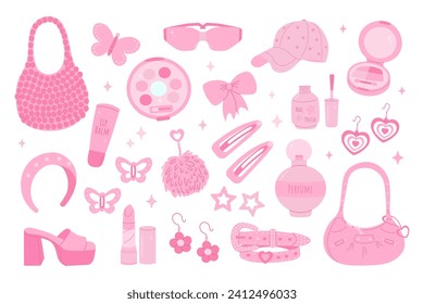 y2k girly set of items, pink glamorous accessories, cosmetics, 90s, 2000s teen girl style, nostalgia, butterfly, heart shape, trendy vector illustration