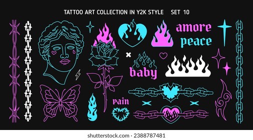 Y2k Glam Tattoo Art set 10 in 1999s 2000s style. Y2k Emo Goth heart, butterfly, chain, flame silhouette, antique statue head. Barbed wire frame. Goth Tattoo line art stickers. Printable vector designs