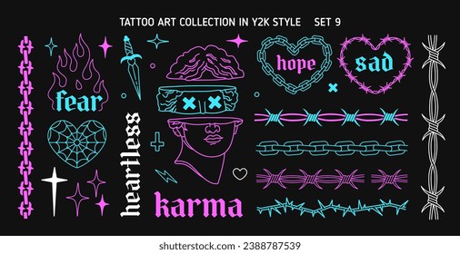 Y2k Glam Tattoo Art set 9 in 1999s 2000s style. Y2k Emo Goth heart, flame, antique statue head. Chain frame element. Barbed wire frame element. Goth Tattoo line art stickers. Printable vector designs