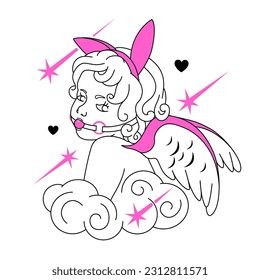 Y2K glamour angel with ball gag. Love paradise aesthetic, fun weird character surrounded by hearts and stars. Black, pink and white graphic. 90s, 00s love print.