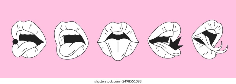 Y2k glamour labios femeninos con lengua Ilustraciones vectoriales de arte pop contemporáneo conjunto. Elementos seductores abiertos neogóticos del glam de la boca de la mujer para la etiqueta engomada, la impresión y el diseño de la camiseta