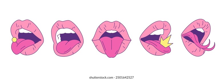 Y2k glamour labios femeninos con lengua Ilustraciones vectoriales de arte pop contemporáneo conjunto. Elementos seductores abiertos neogóticos del glam de la boca de la mujer para la etiqueta engomada, la impresión y el diseño de la camiseta