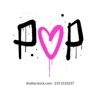 Y2k glamour girly print for pop fans. Retro urban street art style. Graffiti text of Pop. Glam punk artwork design. Vintage concept of podcast, party, ads. Nostalgia for 1990s -2000s. 