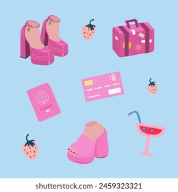 Y2k glamour pink icons. Pink trendy set. Fashion high-heeled shoes, a pink credit card, a suitcase for travel, strawberries and a glass of cocktail. Vector illustration 