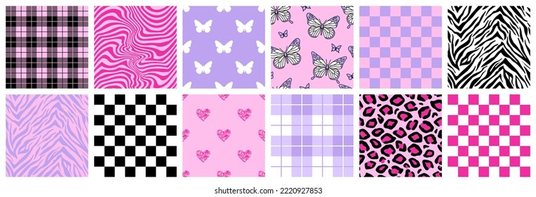 Y2k glamour pink seamless patterns. Backgrounds in trendy emo goth 2000s style. Butterfly, heart, chessboard, mesh, leopard, zebra. 90s, 00s aesthetic. Pink pastel colors.