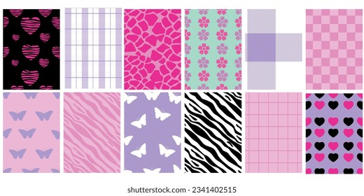 Y2k glamour pink seamless patterns. Backgrounds in trendy emo goth 2000s style. Butterfly, heart, chessboard, mesh, leopard, zebra. 90s, 00s aesthetic. Pink pastel colors. Vector