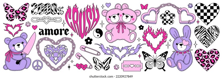 Pegatinas rosadas glamorosas Y2k. Mariposa, oso kawaii, fuego, llama, cadena, corazón, tatuaje y otros elementos en el moderno estilo emo goth de los años 2000. Icono dibujado a mano por vectores. Estética de los 90, de los 00. Colores pastel rosados.