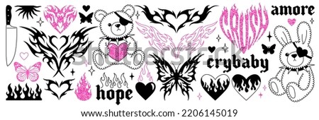 Y2k glamour pink stickers. Butterfly, kawaii bear, fire, flame, chain, heart, tattoo and other elements in trendy emo goth 2000s style. Vector hand drawn icon. 90s, 00s aesthetic. Pink, black colors.