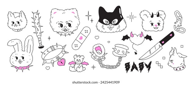 Y2k glamour pink stickers. Kawaii bdsm animals, devil, chain, heart, handcuffs tattoo and other elements in trendy emo goth 2000s style. Vector hand drawn icon. 90s, 00s aesthetic. Pink, black colors.