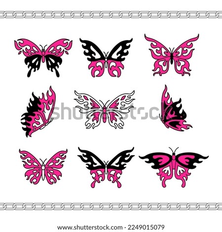 Y2k glamour tattoos silhouettes. Flame Butterfly tattoo in trendy emo goth 2000s style. Vector hand drawn icon. 90s, 00s aesthetic. Pink, black colors.