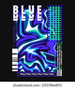 Y2K Glitch Abstract Poster Vector. Blue Neon Liquify Art for T-Shirt and Wall Print