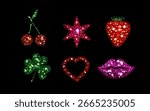 Y2k glitter sticker set with sparkling lips, star and heart, strawberry, cherries and clover leaf shapes with shimmering texture. Retro icons for nostalgic designs or digital decorations with sparkles