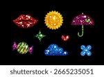 Y2k glitter sticker set with sparkling lips, sun and umbrella, star and heart, candy, cloud and flower shapes in shimmering texture. Retro aesthetic icons for nostalgic designs or digital decorations