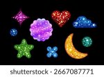 Y2k glitter sticker set with sparkling stars and heart, crescent moon, cloud and flower shapes in shimmering texture. Retro aesthetic icons for nostalgic designs or digital decorations