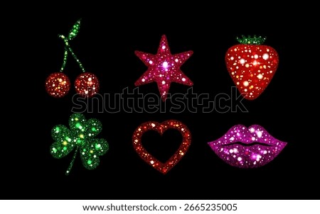 Y2k glitter sticker set with sparkling lips, star and heart, strawberry, cherries and clover leaf shapes with shimmering texture. Retro icons for nostalgic designs or digital decorations with sparkles