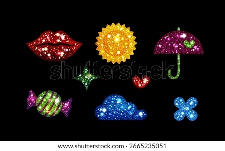 Y2k glitter sticker set with sparkling lips, sun and umbrella, star and heart, candy, cloud and flower shapes in shimmering texture. Retro aesthetic icons for nostalgic designs or digital decorations