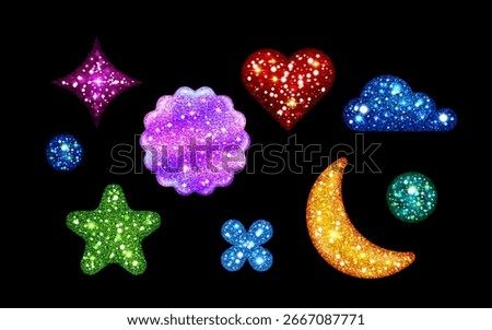 Y2k glitter sticker set with sparkling stars and heart, crescent moon, cloud and flower shapes in shimmering texture. Retro aesthetic icons for nostalgic designs or digital decorations