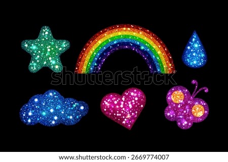 Y2k glitter sticker set with sparkling heart, butterfly and drop, rainbow, star and cloud shapes with shimmering texture. Retro icons for nostalgic designs or digital decorations with vibrant sparkles