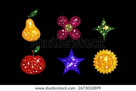 Y2k glitter sticker set with sparkling pear, flower and diamond, apple, star and sun shapes with shimmering texture. Retro icons for nostalgic designs or digital decorations with vibrant sparkles.