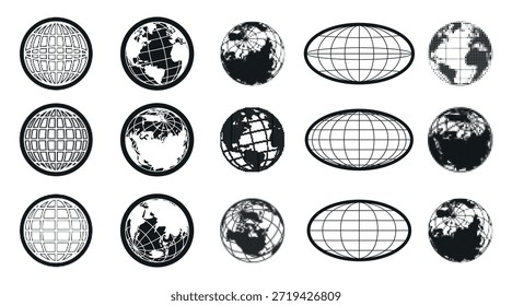 Y2k Globus-Icon-Set mit Weltkarten im monochromen Vektorstil. Erdplanetensymbole, verzerrte Halbtonkugeln und geometrische Gitterprojektionen für Retro-Logo-Design oder Navigationsschnittstellen.