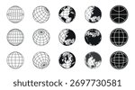 Y2k globe icons with world grid and earth map designs for retro planet symbols. Wireframe spheres with continents and pixelated patterns. Black monochrome international navigation elements set.