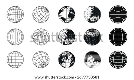 Y2k globe icons with world grid and earth map designs for retro planet symbols. Wireframe spheres with continents and pixelated patterns. Black monochrome international navigation elements set.