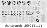 Y2k globe shapes and geometric elements set. Collection of various 90s style wireframe planet icons, stars and rings, abstract forms. Vector pack for sci-fi designs and retro graphic backgrounds.