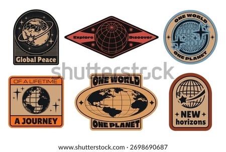 Y2k globe sticker set with world icon and earth planet badges for retro travel designs. Vintage patches with wireframe spheres and text. Nostalgic exploration emblems with global unity themes.