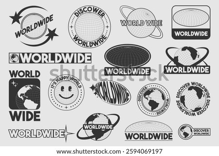 Y2k globe stickers with worldwide text and retro earth spheres in monochrome style. Digital planet emblems collection for millennium era branding, nostalgic web design or vintage tech aesthetics.