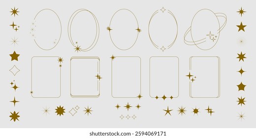 Y2k golden frames set isolated on background. Vector realistic illustration of abstract yellow borders decorated with stars sparkles, retro line art aesthetic, minimal techno banner design elements
