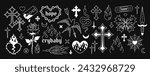 Y2k Goth Fashion elements in 2000s style. Y2k Gothic Cross, heart, butterfly, dead bird, dagger, etc. Opium style fashion print elements. Gothic apparel print design. Printable vector designs
