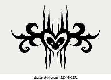 Y2k Goth Tattoo with skull. Dark aesthetic print for t-shirt, sweatshirt, and poster. Nostalgia for 00s concept. Vector Black and white illustration