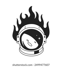 Y2k gothic astronaut helmet with burning flame art tattoo outline icon vector flat illustration. Cosmonaut science fiction galaxy universe travel spacesuit with planet space reflection artwork