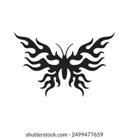 Y2k gothic butterfly burning flame wings black tattoo icon vector flat illustration. Abstract trendy flying summer insect silhouette ethnic aesthetic flammable blazing artwork t shirt print