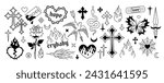 Y2k Gothic Fashion elements in 2000s style set. Y2k Gothic Cross, heart, butterfly, dead bird, dagger, etc. Opium style fashion elements. Gothic tattoo stickers. Printable vector designs