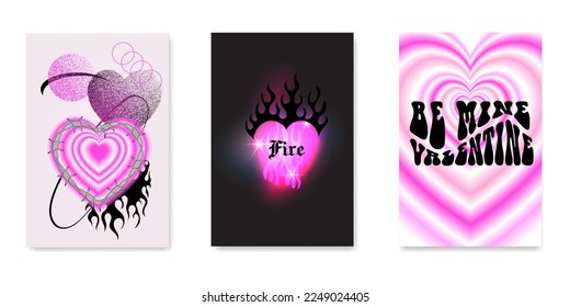 Y2k gothic flame tattoo designs. Retro psychedelic love Valentine day cards. Vector illustration of social media storioes templates. Aesthetic nostalgic 2000s goth girly backgrounds for marketing.