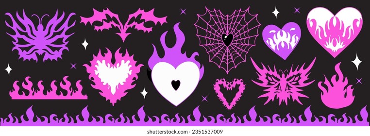 y2k gothic flame tattoo pink stickers. Retro psychedelic love art, barbed wire, fire, butterfly, heart. Aesthetic  2000s emo goth girl. Vector illustration.