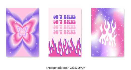 y2k gothic flame tattoo stickers. Retro psychedelic love art. Vector illustration of hand drawn elements, barbed wire, fire, butterfly, heart. Aesthetic nostalgic 2000s goth girly backgrounds.