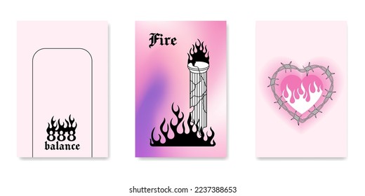 y2k gothic flame tattoo stickers. Retro psychedelic love art. Vector illustration of hand drawn elements, barbed wire, fire, butterfly, heart. Aesthetic nostalgic 2000s goth girly backgrounds.