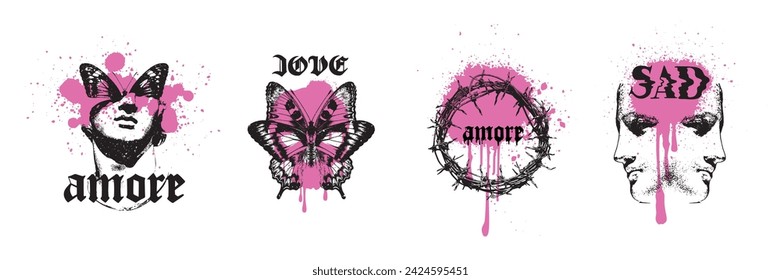 Y2k gothic sticker set, vector dark love tattoo print, emo vintage texture grunge design element. Love fashion composition butterfly silhouette, noise texture metal music cover poster. Gothic sticker