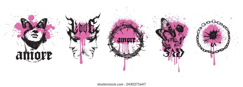 Y2k gothic sticker vector set, dark love tattoo print, emo vintage texture grunge design element. Love fashion composition butterfly silhouette, noise texture metal music cover poster. Gothic sticker