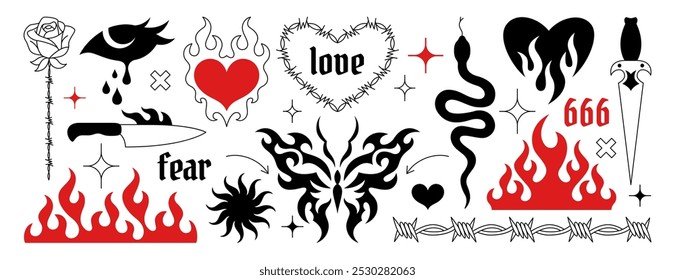 Y2k gothic tattoo sticker set. Neo tribal art elements, trendy goth emo butterfly, fire flame, burning heart, barbed wire, rose flower and tears. Hand drawn neotribal black and red cyber sigilism icon