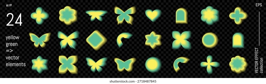Aura de gradiente Y2k con forma de desenfoque de flores y corazones. Elemento estético abstracto verde y amarillo. Resplandor de neón borroso con efecto transparente de malla suave. Lindo Vector retro de moda y diseño groovy.