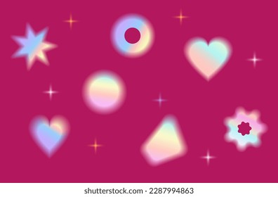 Y2k gradient aura shape. Heart, star, circle, abstract and minimalist icons, aesthetic brutalism elements. Blurred, geometric, glowing holographic sign on purple. Sparkling aura. Vector illustration.