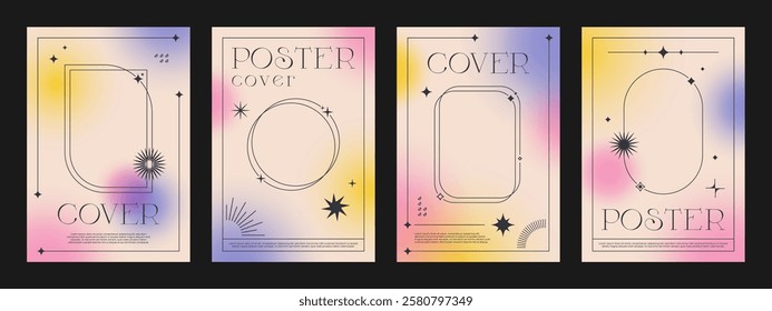 Y2k gradient background posters. Abstract aesthetic gradient covers with bright color spots and brutalism elements. Vector vertical cover templates with geometric figures and linear celestial shapes