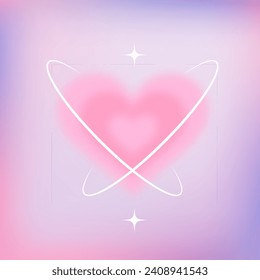 Y2k gradient blurred background with heart. Aesthetic retro element with aura. Pastel trendy illustration. Girly pink abstract banner with love symbol.