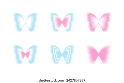 Y2K gradient blurred butterfly shapes set. Retro 2000s design elements with an aura effect.