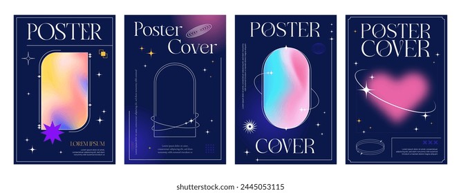 Y2k gradient brutal posters or cover templates. Vector vertical backgrounds with neon glowing geometric shapes, heart and arched frames in retro-futuristic style. Social media stories promo banners