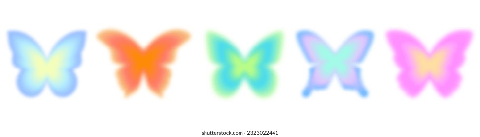 Y2k gradient butterfly. Aura stickers. Holographic blurred figures. Groovy aesthetic neon set. Vector vintage set.